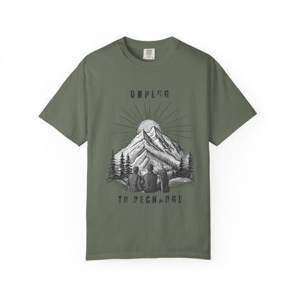 Adventure T-Shirt — "Unplug to Recharge" Mountain Camping Graphic