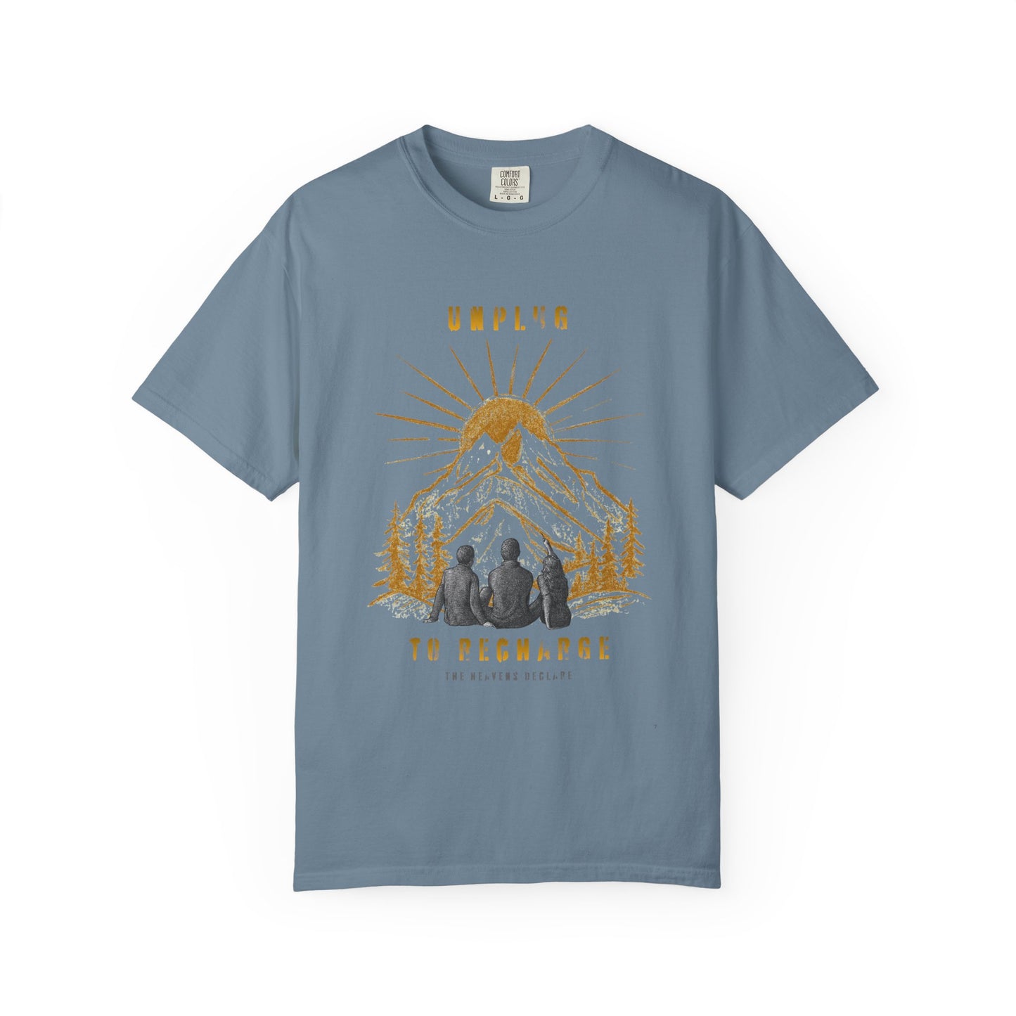Adventure T-Shirt — "Unplug to Recharge" Mountain Camping Graphic