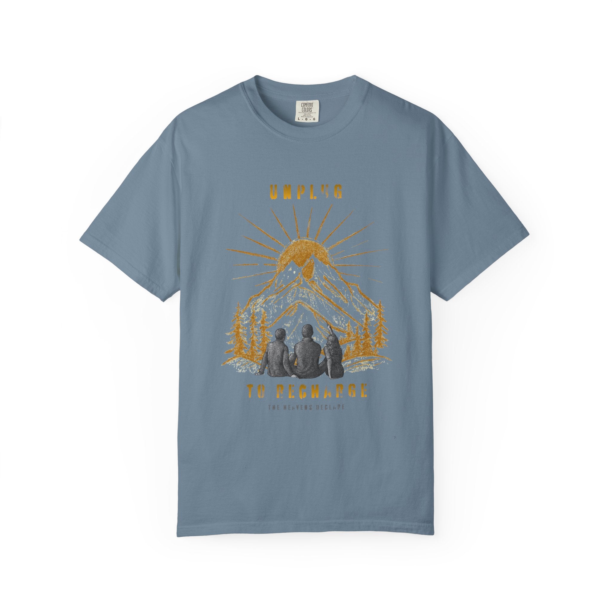 Adventure T-Shirt — "Unplug to Recharge" Mountain Camping Graphic